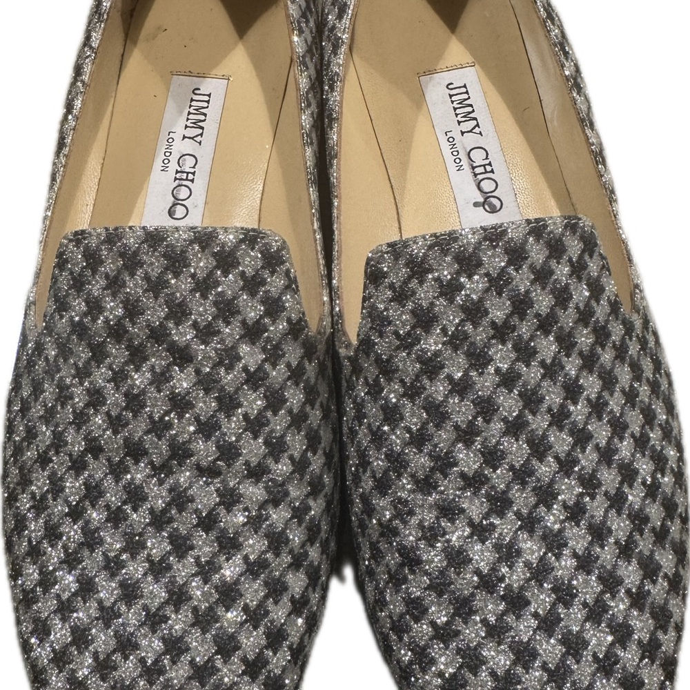 JIMMY CHOO Sparkly Silver and Grey Women’s Houndstooth Flats